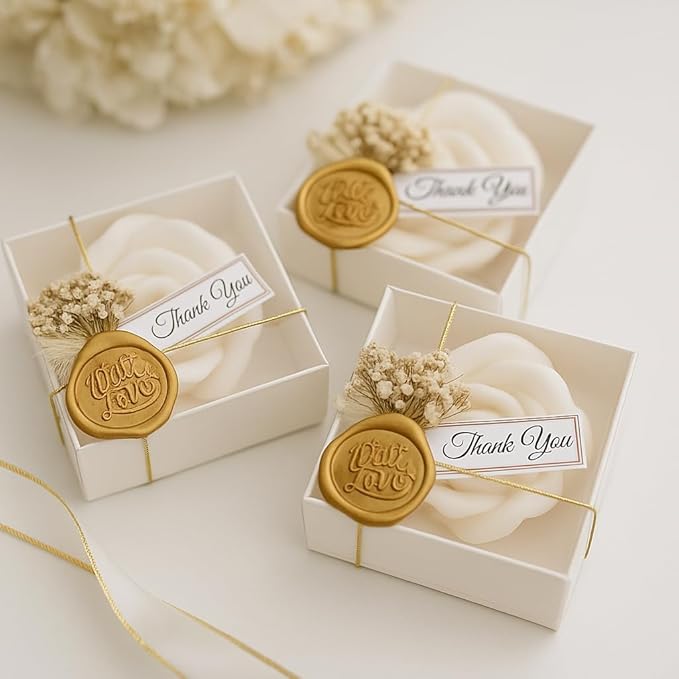 White Rose Petal Soy Wax Candles in Bulk – Rose Candle Wedding Favors for Guests, Personalized Candle Favors for Bridal Shower & Baby Shower Gifts – Dried Flower & Wax Seal Design (30 Pieces) - Bloomnest