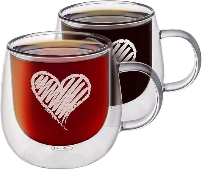 CNGLASS Double Walled Glass Coffee Mugs 10oz,Large Insulated Espresso Cups,Set of 2 Clear Glasses Cappuccino Mug with Handle(Tea Latte Glassware) - Bloomnest