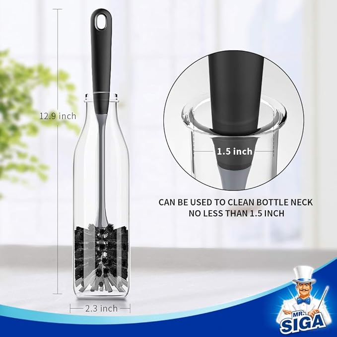 MR.SIGA Long Handle Bottle Brush, Flexible Scrub Brush for Water Bottles, Glasswares, Mugs, Black, 2 Pack - Bloomnest
