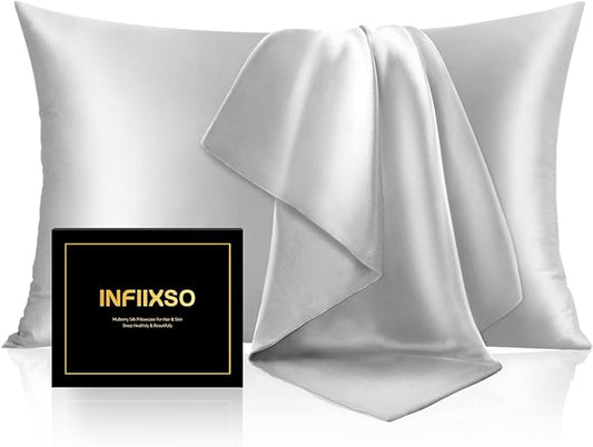 INFIIXSO Silk Pillow Cases 2 Pack Standard Size, Ultra Smooth & Soft Mulberry Silk Pillow Case for Hair and Skin, Breathable Cooling Silk Pillowcase with Hidden Zipper (Light Grey, 20x26 Inches) - Bloomnest