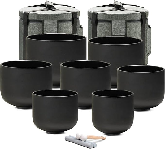 432HZ 6-12 Inch Set of 7 Chakra Black Frosted Quartz Crystal Singing Bowls with 2 Pcs Carry Cases and Suede Mallet - Bloomnest