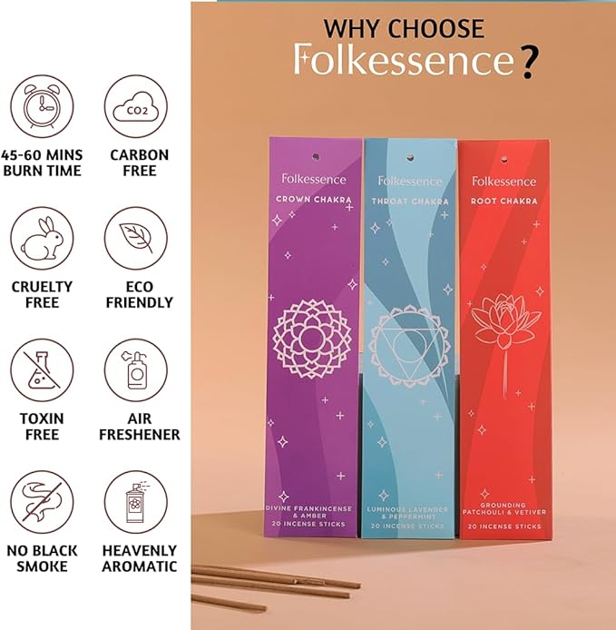 Folkulture Incense Stick for Home | Set of 7 Organic Insenses (140) Insence-sticks for Relaxation with 60 Minute Burn Time | Frankincense, Sage & Tea, Lavender & Peppermint | Non-Toxic Inscents-sticks