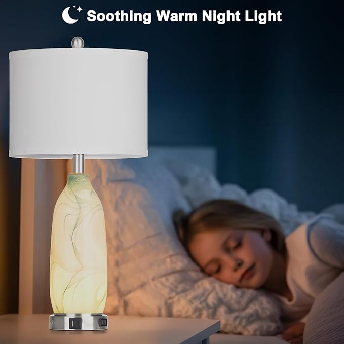 26" Coastal Glass Table Lamps Set of 2, Touch Control Bedside Lamp with USB A+C Ports and AC Outlet, Blue Lamp with Night Light for Nightstand Living Room Bedroom, 2 LED Bulbs Included - Bloomnest