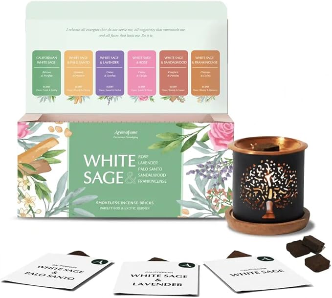White Sage Incense Brick Gift Set by Aromafume | 12 Bricks & Tree of Life Exotic Burner | White Sage with Rose, Lavender, Palo Santo, Sandalwood, Frankincense | Sage for Cleansing, Smokeless Smudging Aromafume