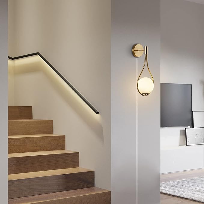 KCO Lighting Gold Globe Teardrop Wall Sconce Plug in Mid-Century Modern Glass Wall Mount Light Fixture Light Brushed Bathroom Vanity Light Fixture for Mirror Bedside Living Room - Bloomnest