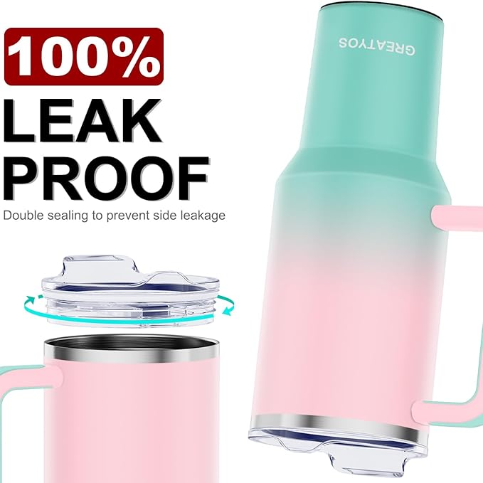 Stainless Steel 40 oz Tumbler with Handle, Insulated Travel Mug, Leak-Proof Lid, Vacuum Cup for Men & Women - Bubble Gum - Bloomnest