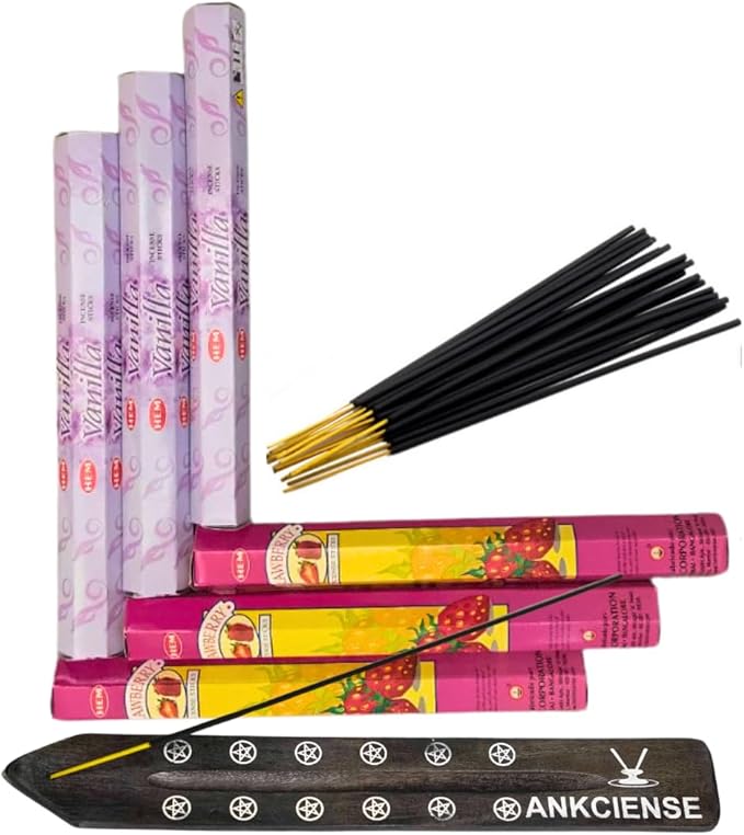 Sandalwood & Vanilla Incense from Hem Bundled with ANKCIENSE Incense Holder Bundle, Variety Pack of 120 Sticks (Strawberry & Vanilla)