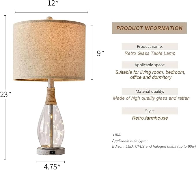 OYEARS 23" USB A+C Table Lamp for Bedroom Living Room Modern Bedside Lamps Retro Farmhouse Rattan Glass Nightstand Nightlight Lamps (White),Two Light Points - Bloomnest