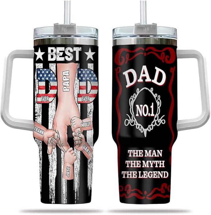 Personalized Best Dad Tumbler with Handle and Straw, Custom Names and USA Flag Design, Gift for Papa or Father from Kids, Father’s Day Mug Cup - Bloomnest