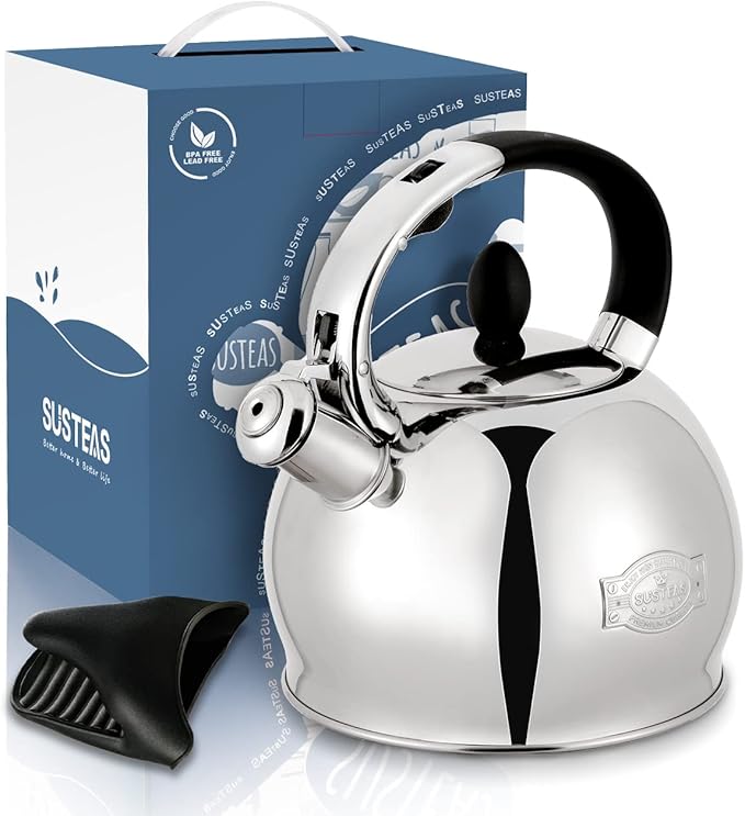 SUSTEAS Stove Top Whistling Tea Kettle - Food Grade Stainless Steel Teakettle Teapot with Cool Touch Ergonomic Handle, With 1 Silicone Pinch Mitt Included,2.64 Quart(SILVER) - Bloomnest