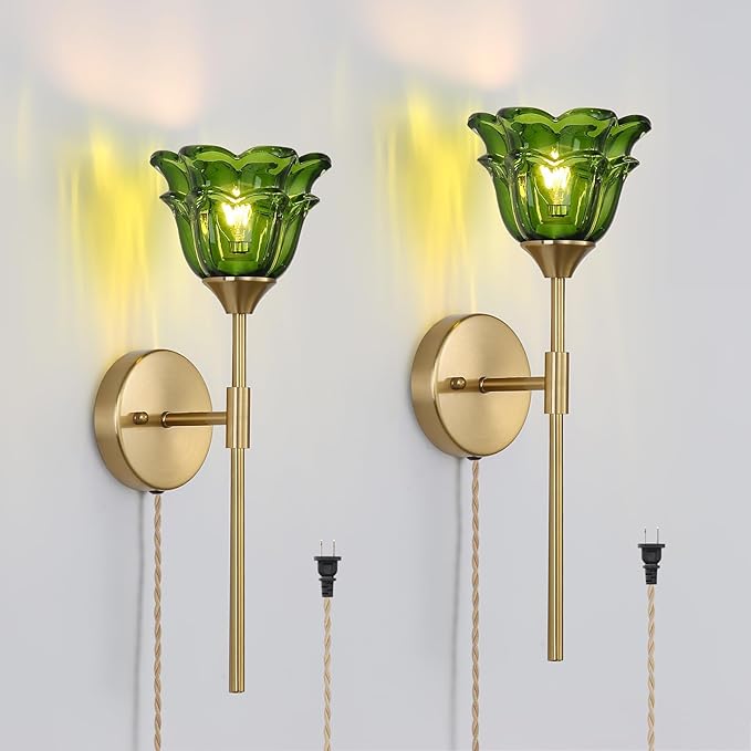 2 Pack Plug in Gold Wall Sconce with Green Glass Shades, Modern Mid Century Bathroom Vanity Wall Light Fixtures, Industrial Brushed Brass Wall Lamp, for Bedroom Mirror Living Room, ETL Listed - Bloomnest
