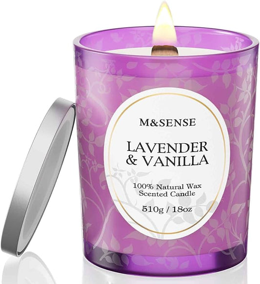 M&SENSE Lavender Vanilla Scented Candle, Cracking Wooden Wick Soy Wax, 18oz 100 Hours Long Lasting Clean Burn, Large Jar Candles for Home Decor, Non-Toxic Relaxing Aromatherapy Gifts for Women - Bloomnest