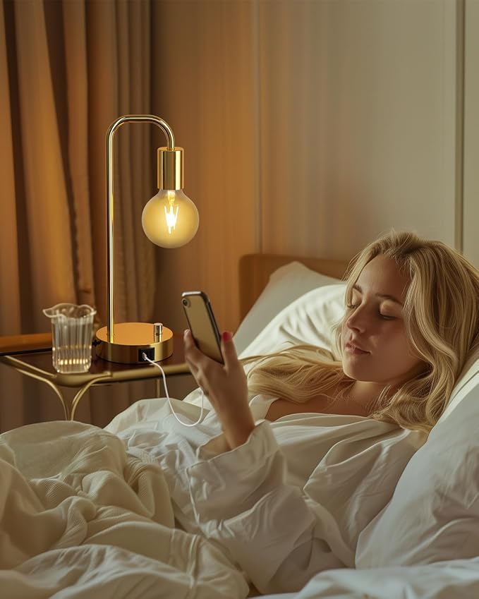 ONEWISH Industrial Table Lamp Set of 2 with USB A&C Charging Port, Stepless Dimmable Nightstand Bedside Lamps for Bedroom,Desk Lamps with 2700K Gold Gradient Bulb for Reading Living Room - Bloomnest