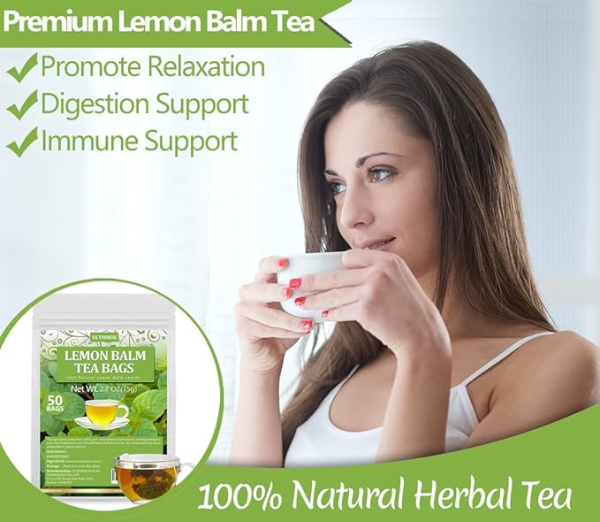 Premium Lemon Balm Leaf Tea, 50 Bags. Made with 100% Natural Lemon Balm Leaves, No Additive & Caffeine Free, Promotes Relaxation & Support Digestion. - Bloomnest