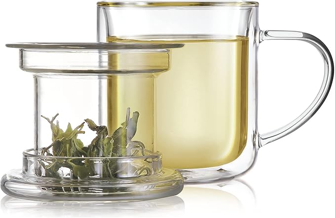 Teabloom Heatproof and Insulated Borosilicate Glass Tea Cup with Infuser for Whole-Leaf Loose Tea – Tea Purist's Choice – Wellbeing Double-Walled Infusion Mug with Lid (8 oz) - Bloomnest