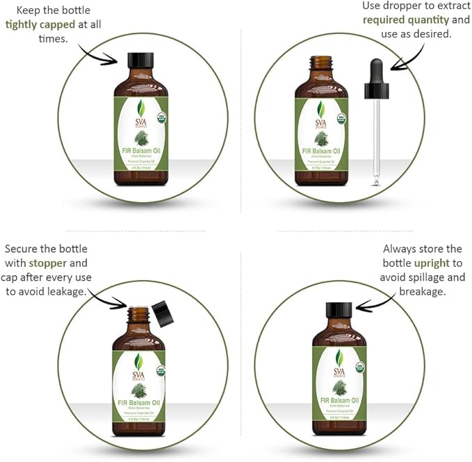 SVA Fir Balsam Essential Oil Organic – 4 Fl Oz – 100% Natural Organic Fir Oil - for Diffuser, Hair Care, Face, Skin Care, Aromatherapy, Scalp and Body Massage, Soap and Candle Making – with Dropper - Bloomnest