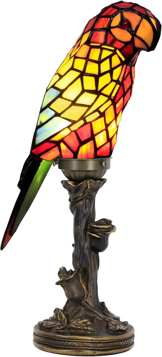 Small Tiffany Lamp Parrot Table Lamp Stained Glass Accent Lamp 15.3 Inch Tall Mini Desk Bedside Night Light for Kids Bedroom (Red) - Bloomnest