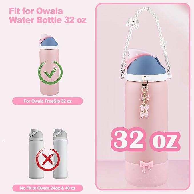 Water Bottle Accessories Set for Owala FreeSip 24oz、32 oz– Includes Pearl Handle Strap, Bow Charms,2.9in .3inch Silicone Bling Boot for Owala Accessories for Women Bloomnest