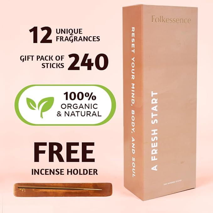 Folkulture Incense Sticks (240Sticks) | Pack of 12 Premium Incense for Yoga, Meditation, Aromatherapy | No Charcoal, Organic, Non Toxic, 45 Mins, Long Burning Palo Santo, Sandalwood, Insence-Sticks FOLKULTURE