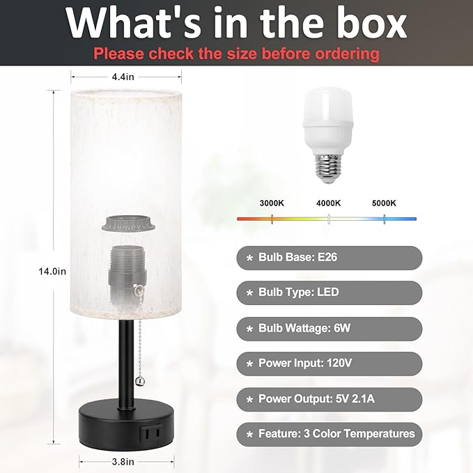 Fenmzee Bedside Table Lamp for Nightstand - 3 Color Temperatures Pull Chain Lamp with AC Outlet Charging Port, Round Night Stand Light for Bedroom Living Room, Small Bed Side Light with E26 LED Bulb - Bloomnest
