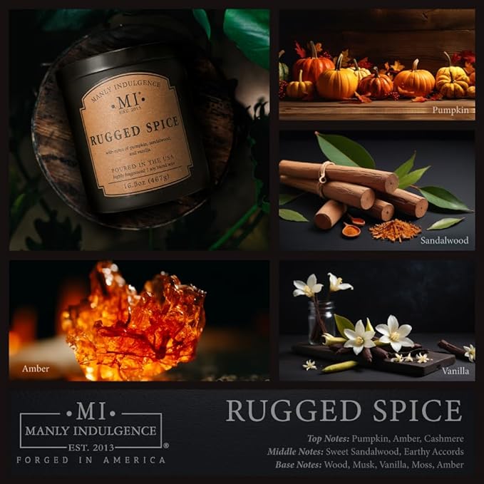 Manly Indulgence Rugged Spice Scented Candles for Men, 2 Wick, 16.5 oz, Premium Soy Blend Wax, 60H Burn, Candles for Home Scented - Made in The USA - Bloomnest
