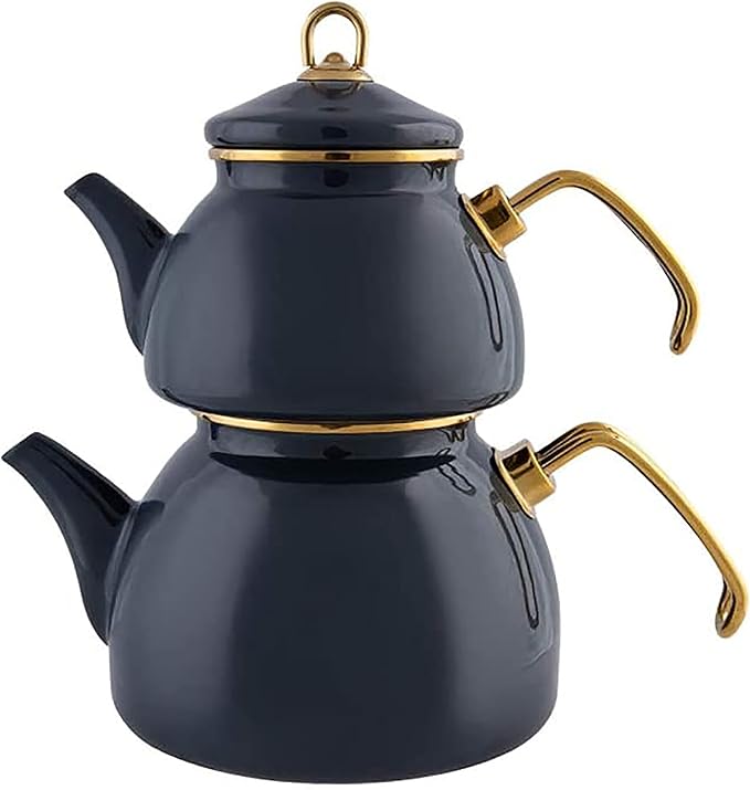 Karaca Retro Teapot Set Anthracite, Enamel, Teapot/Lid (1.1 lt, 2.4 lb), Tea Kettle (2.3 lt, 5 lb), Titanium Coated Handles, Suitable for Induction - Bloomnest