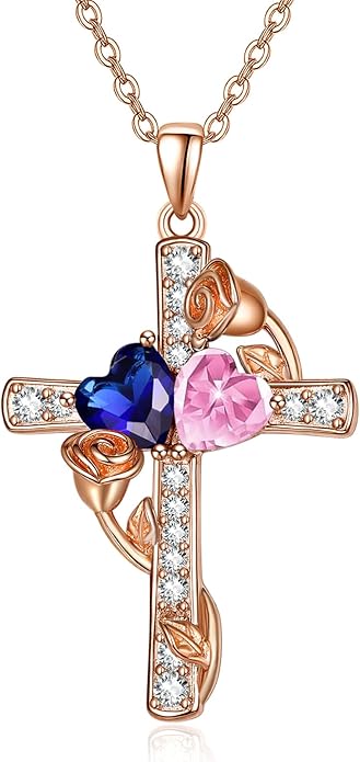 Rose Gold Dual Birthstones Cross Necklace for Women Rose Flower Jewelry Anniversary Christmas Mother's Valentine's Day Birthday Gift for Wife Girlfriend Mom - Bloomnest