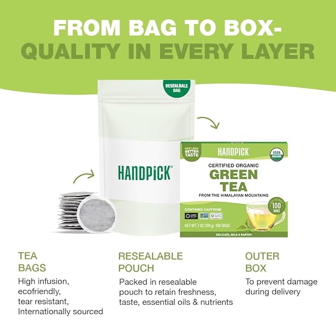 HANDPICK, Organic Green Tea Bags - 100 Eco-Friendly Tea Bags | USDA Organic | Resealable Pack for Freshness | Delicate & Flavory | Direct From India - Bloomnest