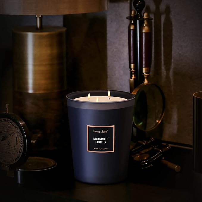 HomeLights Highly Scented Soy Candles Big 33.3 oz for Home. 3 Cotton Wicks, Smokeless Long Lasting 130 hrs in Midnight Lights. 5x6, Great Gift for Women & Men - Bloomnest