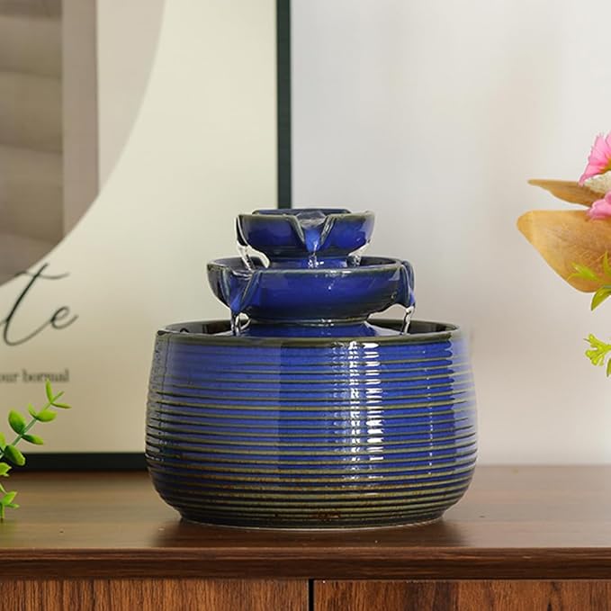 Outdoor and Indoor Water Feature Fountain Waterfall Tabletop Desktop mini Ceramic Garden Fountain (Blue A171) - Bloomnest