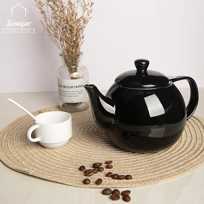 Sweejar Porcelain Teapot with Removable Stainless Steel Infuser,Microwave & Dishwasher Safe Tea Pots for Loose Tea,Tea Infuser Pots for Chrismas Women Gift (30oz Black) - Bloomnest