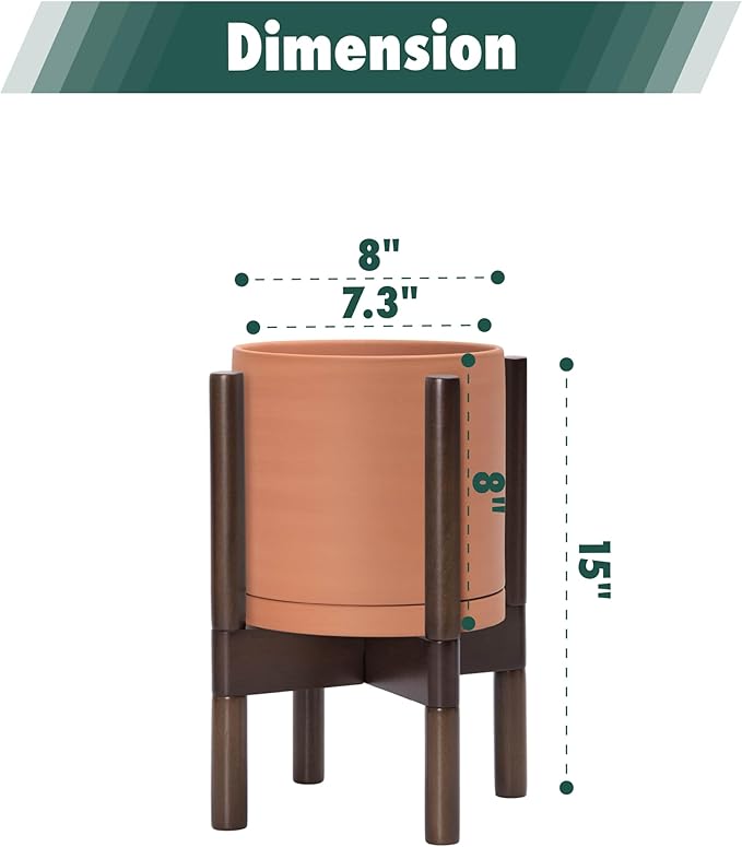 D'vine Dev Terracotta Planter with Walnut Color Stand - 8 Inch Modern Round Flower Pot with Wood Planter Holder, Terracotta, 55-B-Y-5 - Bloomnest
