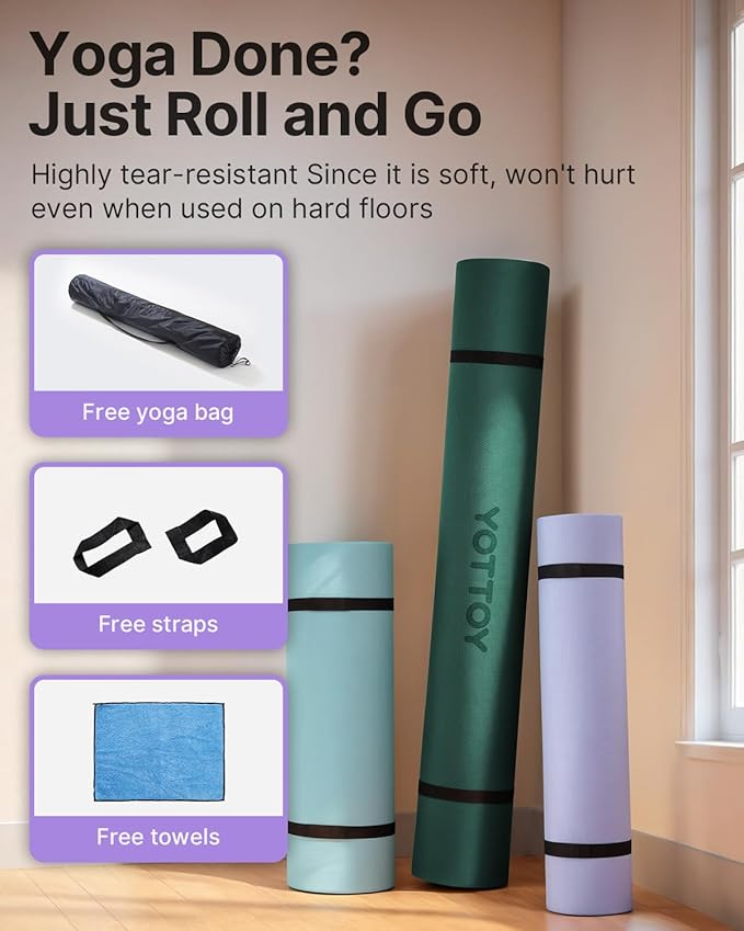 YOTTOY Large Yoga Mat (75 * 52 * 1/2inch),Extra Wide TPE Exercise Mat,Non-Slip Workout Mat for Pilates, Fitness, Barefoot, Home Gym Studio with Strap and Towel - Bloomnest