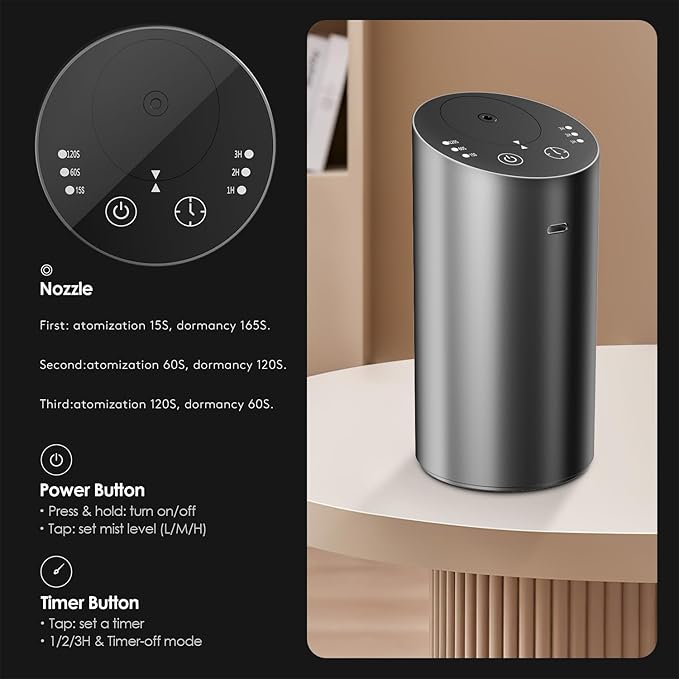 Waterless Car Diffuser, Battery Operated Essential Oil Diffuser with Timer, No Leakage Technology, Super Quiet Cordless Aromatherapy for Car - Bloomnest