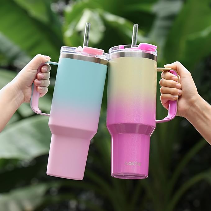 COKTIK 40 oz Tumbler With Handle and Straw Lid, Vacuum Insulated Travel Coffee Mug Stainless Steel Insulated Cup for Beverages, Leak-proof, Cupholder Friendly (Glitter Rainbow) - Bloomnest
