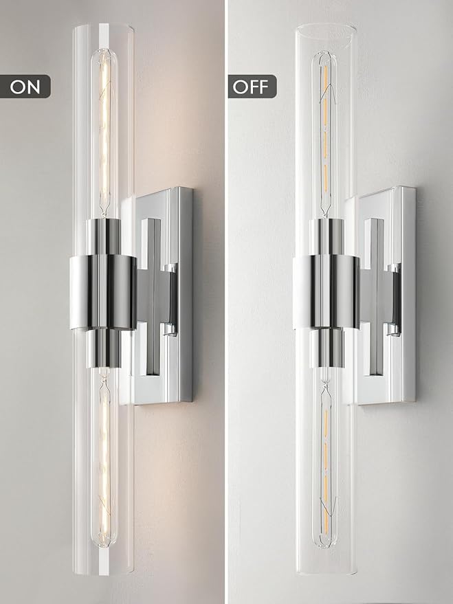 Chrome Tube Wall Sconces with Clear Glass, 24'' Modern Bathroom Vanity Light Fixtures for Bathroom Living Room Bedroom Hallway Fireplace Staircase(Bulb Included). - Bloomnest