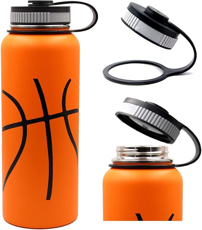 40 oz Basketball Water Bottle, Wide Mouth Sports Flask Metal Travel Tumbler with 2 Lids, Stainless Steel Double Wall Vacuum Insulated Thermo Water Jug, Basketball Accessories Gifts for Boys Girls - Bloomnest