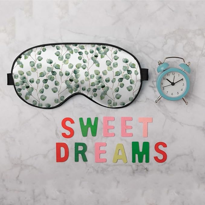 Green Floral Sleep Eye Mask Eye Cover Watercolor Eucalyptus Round Leaves Branches Silk Eye Mask for Sleeping with Adjustable Strap for Travel Nap Shift Work Office - Bloomnest