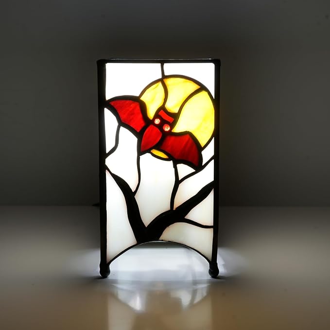 Tiffany Lamp Halloween Red Bat in Moon Small Bedside Lamp Antique Style Stained Glass Desk Light for Home Decor Boys Girls Christmas Halloween Gifts - Bloomnest