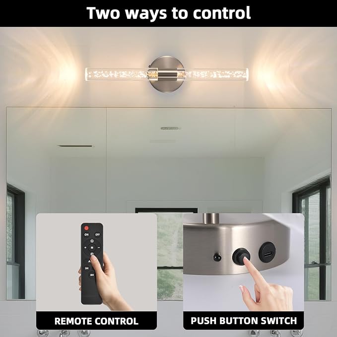 Modern LED Battery Operated Wall Sconces Set of Two, Dimmable Bathroom Crystal Wall Sconce, USB Rechargeable Brushed Nickel Vanity Wall Lamp, Bubble Wall Lights For Bedroom, Living Room. 20-Inch - Bloomnest
