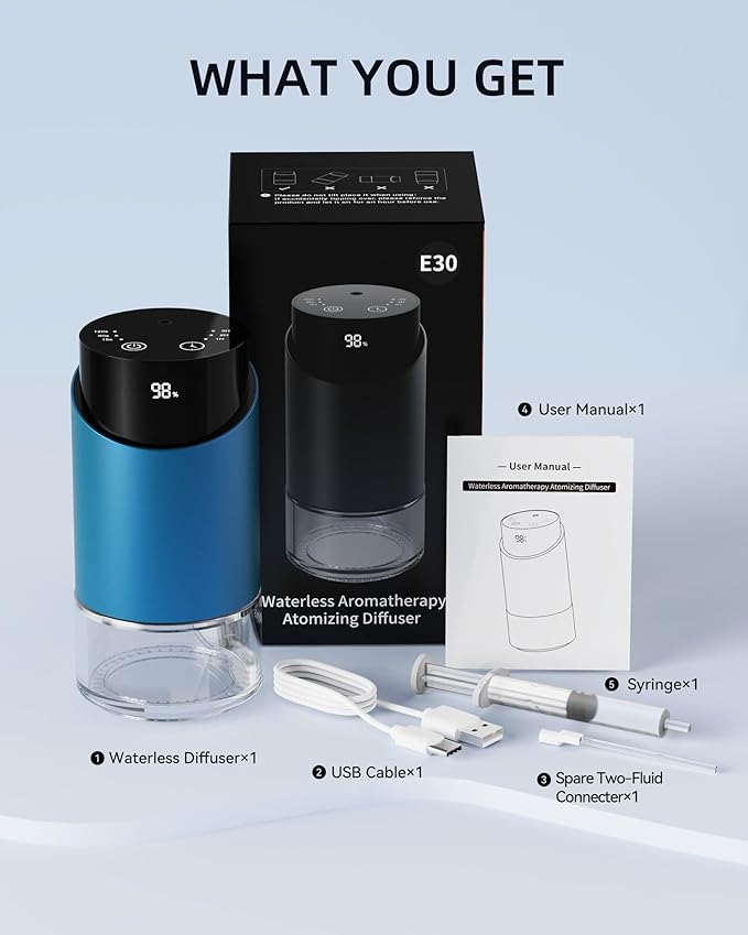 Waterless Essential Oil Diffuser Aromatherapy Scent Diffusers for Home Large Room, Car, Office, Desk, Mini Battery Operated Cordless Air Freshener, 4 Timers & 3 Mist Levels, 100ml Capacity (Blue) - Bloomnest