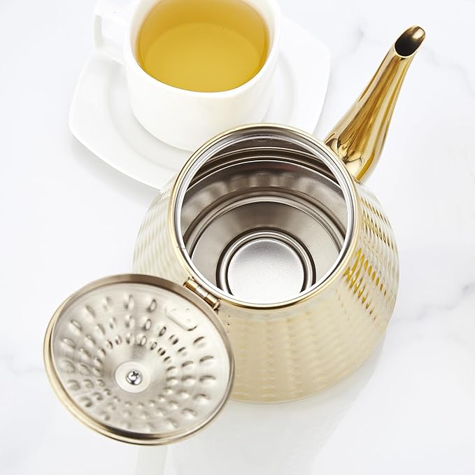 SANQIAHOME 1.6L(54oz) Stainless Steel Hammer Patterned Teapot With Removeable Infuser,Loose leaf cover,Gold - Bloomnest