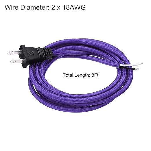 uxcell 8Ft 18/2 Cloth Covered Lamp Cord with Plug, Vintage Electrical Lamp Cord with Stripped Ends for Extension Wiring DIY Repairing, Purple