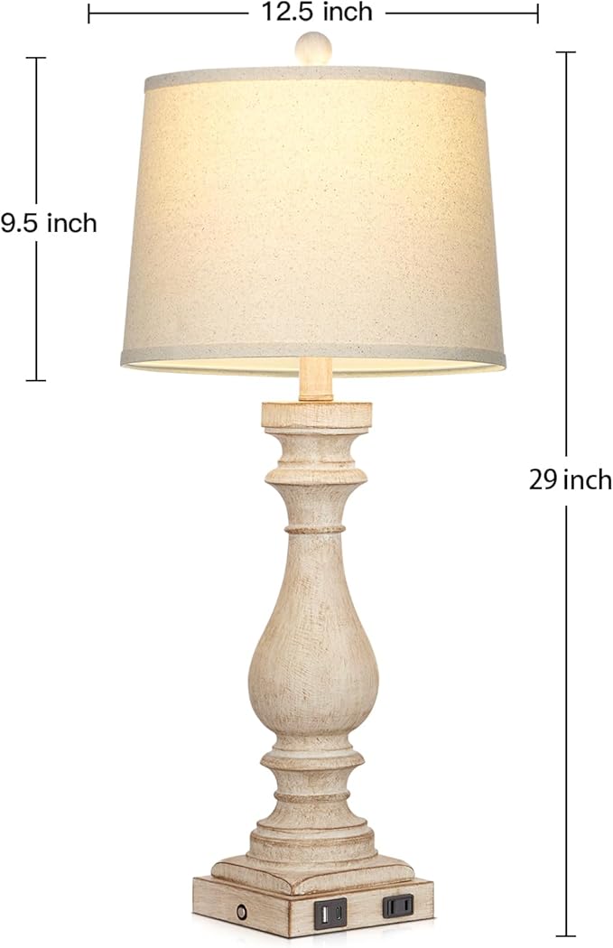 27.5" Farmhouse Table Lamp for Living Room Set of 2,Vintage Bedside Lamps with USB C+A Ports & AC Outlet,3-Way Dimmable Touch Control White Washed Finish Nightstand Lamp for Bedroom,Beige - Bloomnest