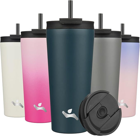 22 OZ Insulated Tumbler with Lid and 2 Straws Stainless Steel Water Bottle Vacuum Travel Mug Coffee Cup,Navy Blue - Bloomnest