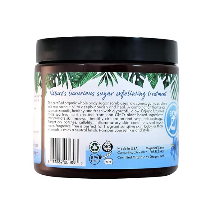 Organic Fiji Whole Body Scrub - Infused with Coconut Oil, Exfoliating Sugar Scrub for Smooth and Soft Skin, Exfoliates & Restores Skin's Natural Biosphere, Fragrance Free 20 oz