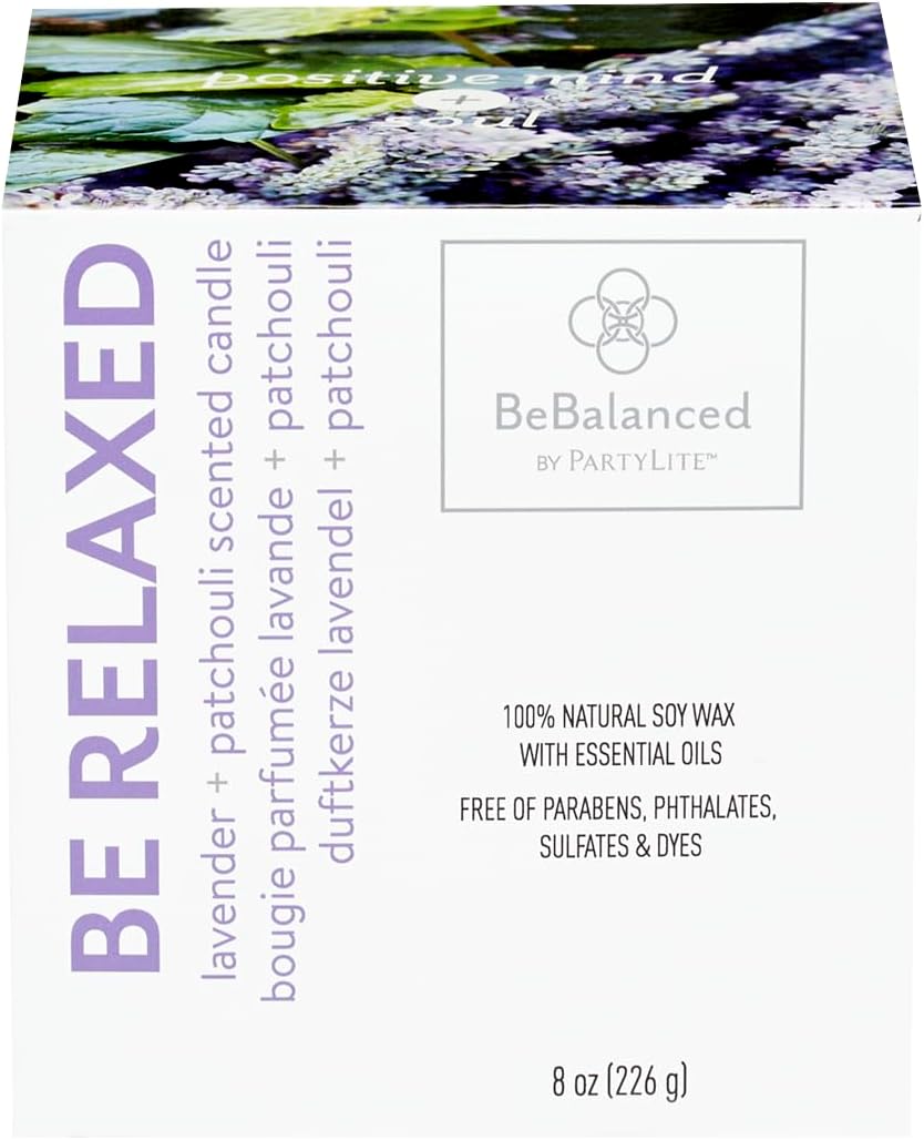 PartyLite Be Relaxed Lavender + Patchouli Soy Jar Candle, 40-50 Hours Burn Time, Energizing Eucalyptus, Uplifting Lemon, Pure Fragrance Blend