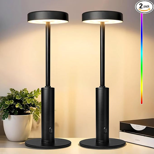 2 Pack Small Cordless Table Lamps Rechargeable,5000mAh Battery Operated Portable Desk Lamp,3 Colors & RGB Stepless Dimmable Wireless Touch Lamps for Restaurant Home Dinner Dining Patio(Black) - Bloomnest
