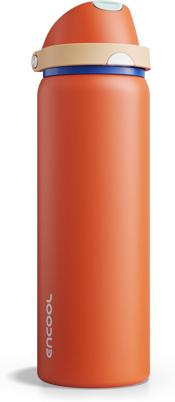 Insulated Water Bottle with Straw - Encool Stainless Steel Water Bottle with Push Button Lid, Leak-Proof & BPA-Free, Keeps Cold for 24 Hours for Sports, Travel, Gym (32 oz, Salmon) ENCOOL