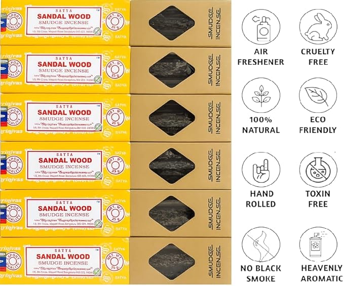 Satya Smudge Incense Stick – Hand-Rolled Indian Masala Incense for Meditation, Yoga & Spiritual Cleansing Pack of 6 (Smudge Sandalwood) Satya